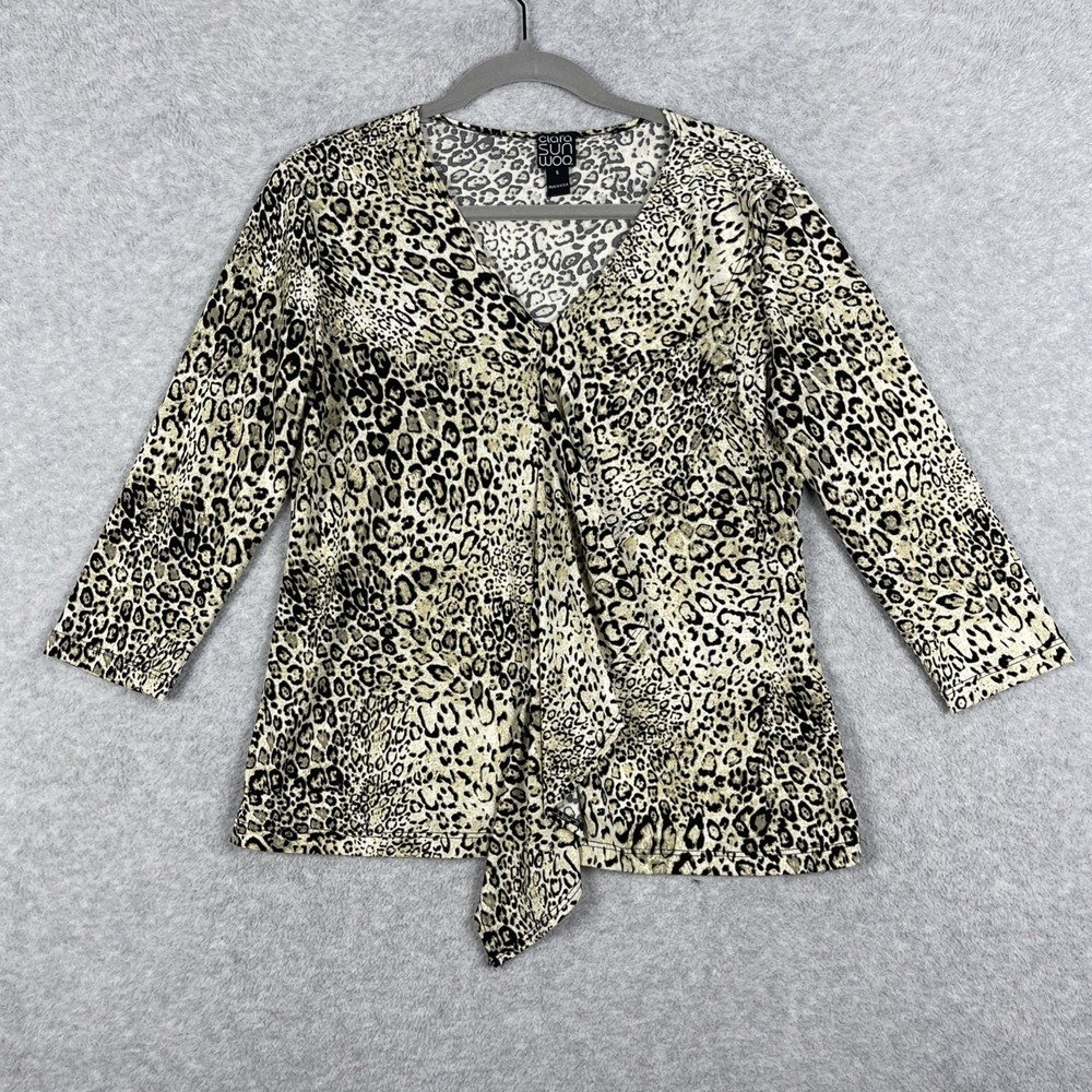 Clara Sun Woo Leopard Print Top Womens S Draped Front Stretch Jersey